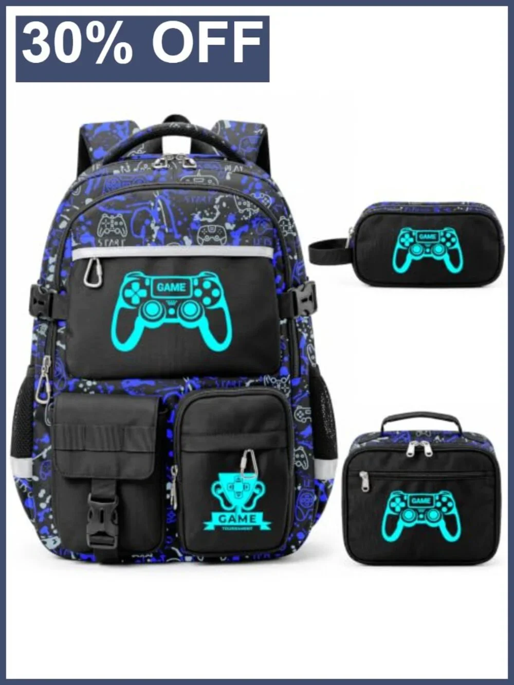 Luminous Glow in Dark Gaming Backpack Set for Boys with Lunch Box Pencil Case